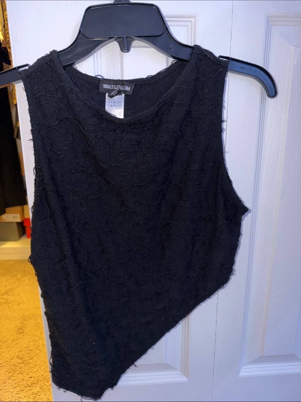 PrettyLittleThing Black Asymmetric Textured Tank Top